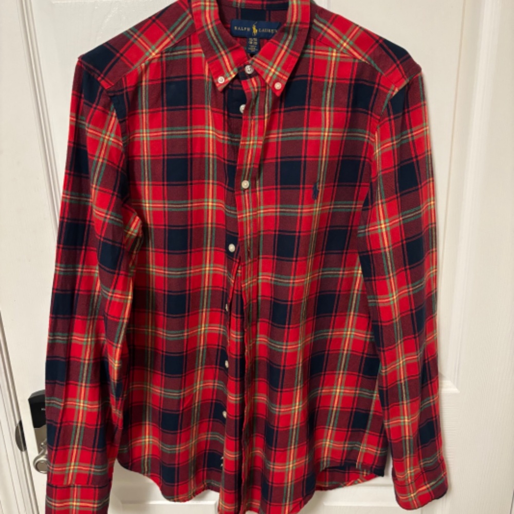 Boys Size Large Polo Ralph Lauren Red/Green/Navy Plaid Button Up Christmas
